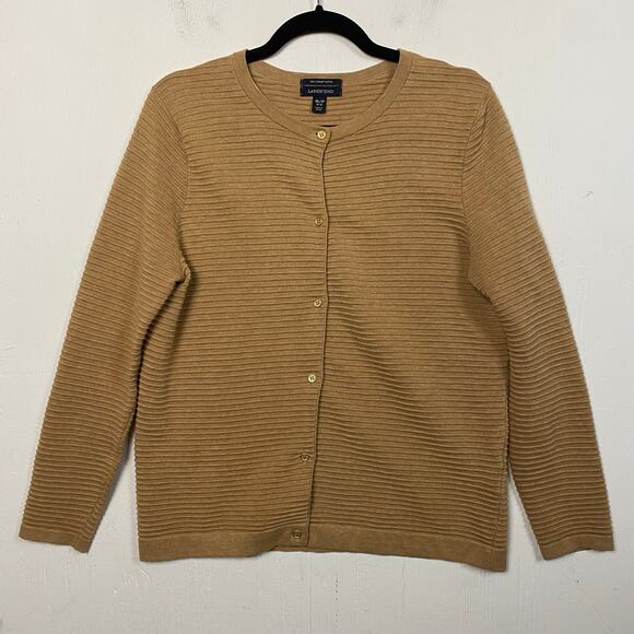 Lands' End Tan Cotton Button Front Cardigan Sweater Size Medium Petite - Picture 1 of 5